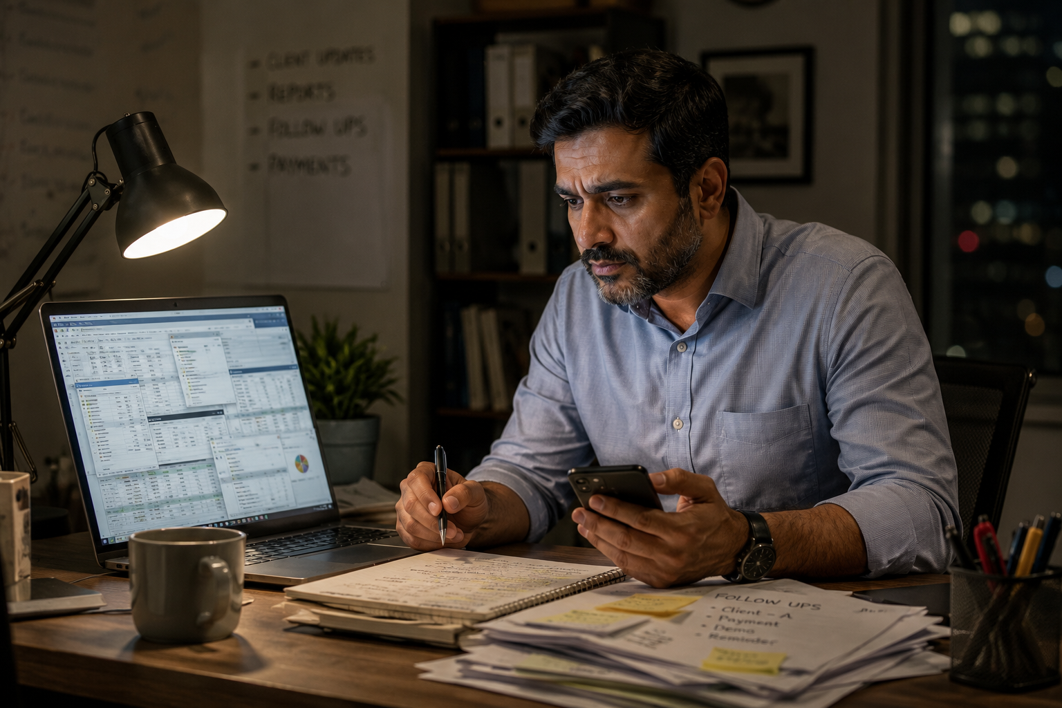 Small business founder handling manual reporting and follow-up before AI automation